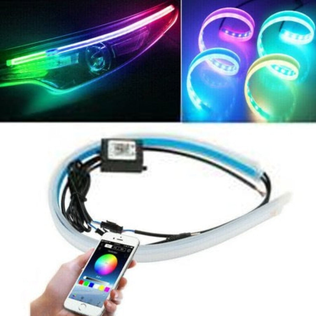 2pcs Car Sequential Flowing RGB Daytime Running Light DRL APP Multi Color Light Strip Turn Signal Lights